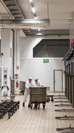 Due uomini che lavorano nella fabbrica Hero, illuminata con le soluzioni per l'industria alimentare di Philips