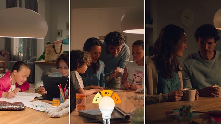 Tutti i tre scenari di regolazione con una lampada LED SceneSwitch Philips in una sola immagine