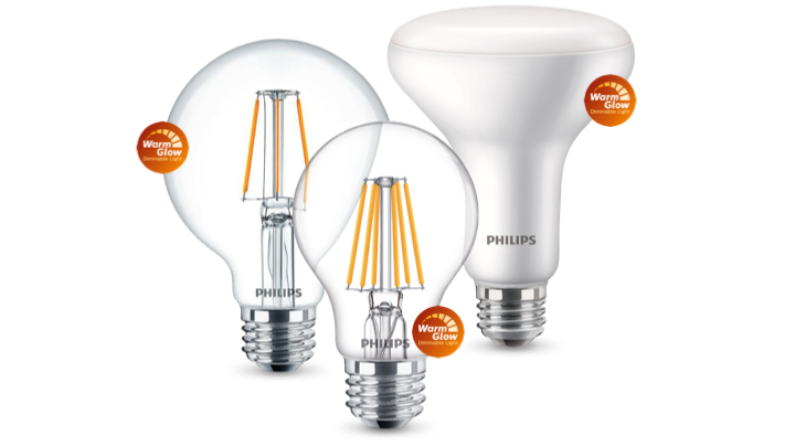 Famiglia di prodotti Lampade LED Philips Warm Glow con etichette Warm Glow
