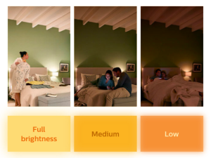 Effetti di luce in una stanza con una lampadina LED Philips SceneSwitch con impostazioni di temperatura diverse