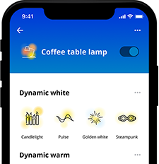 "Interfaccia dell'app WiZ per lampade LED, che visualizza preset di illuminazione dinamica di bianco e luce calda per un'illuminazione domestica personalizzabile."